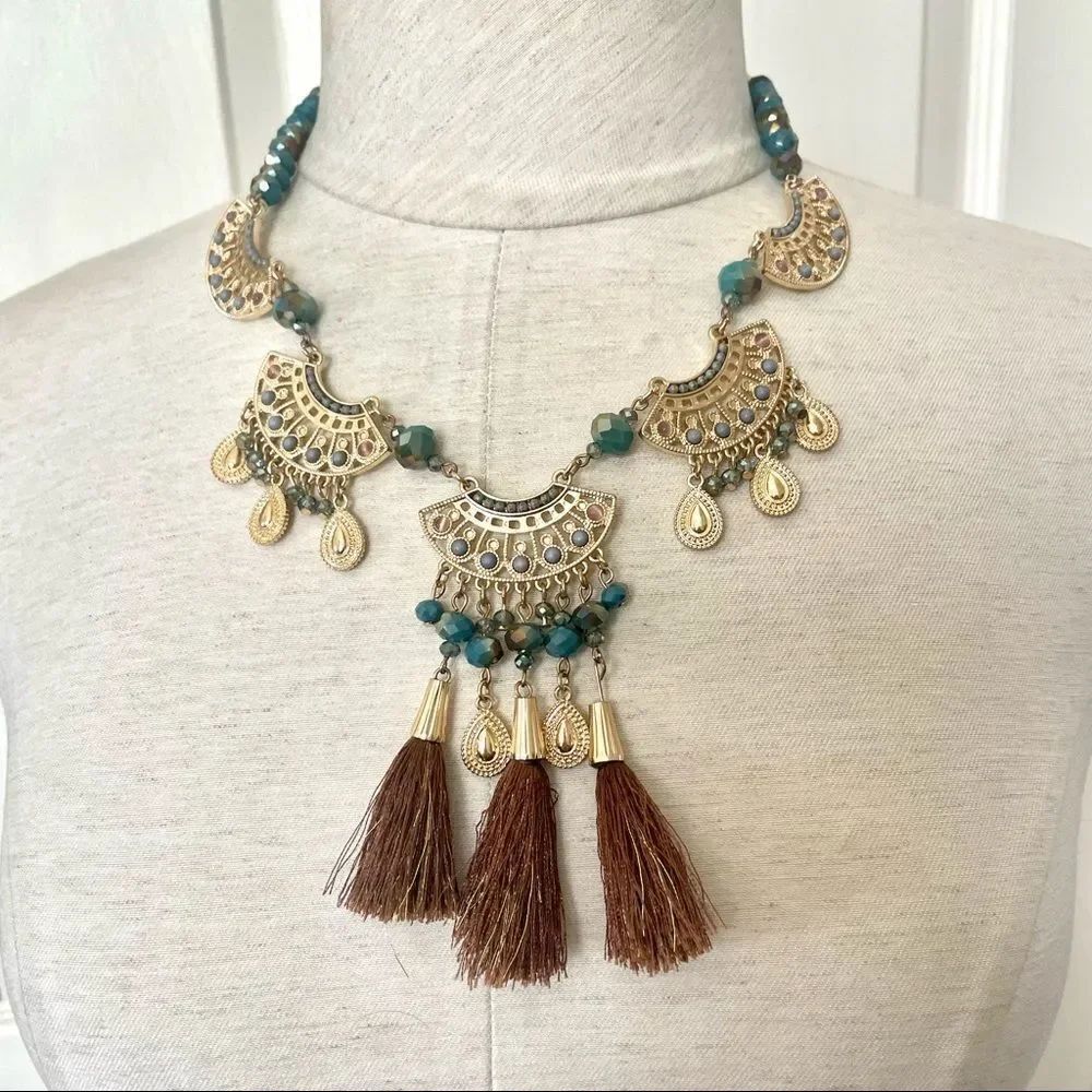 Cato 1946 Gold tone blue beaded tassel statement necklace